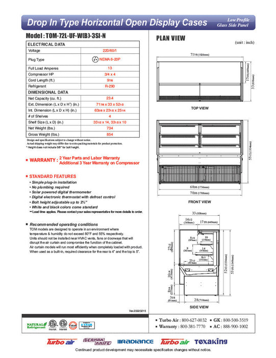Turbo Air TOM-72L-UF-B-3SI-N 71 7/8" Drop-In Horizontal Open Air Cooler w/ (3) Levels – Black Exterior, 220v/1ph - Bakery Wholesalers