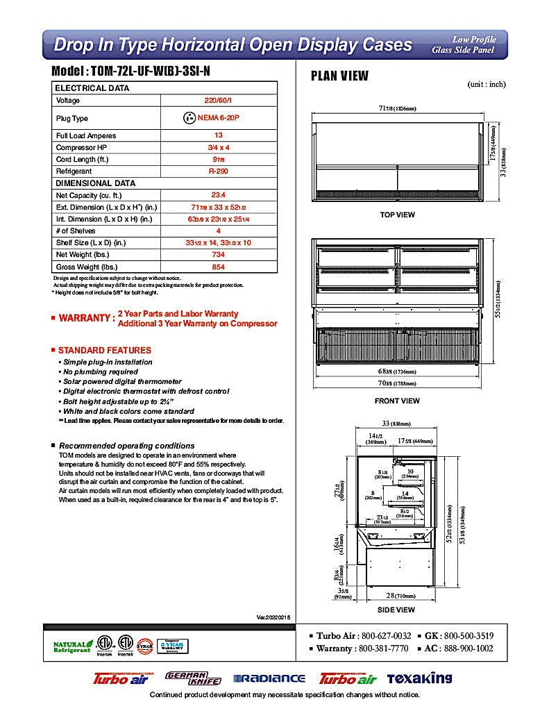 Turbo Air TOM-72L-UF-W-3SI-N 71 7/8" Drop-In Horizontal Open Air Cooler w/ (3) Levels – White Exterior, 220v/1ph - Donut-Equipment.com