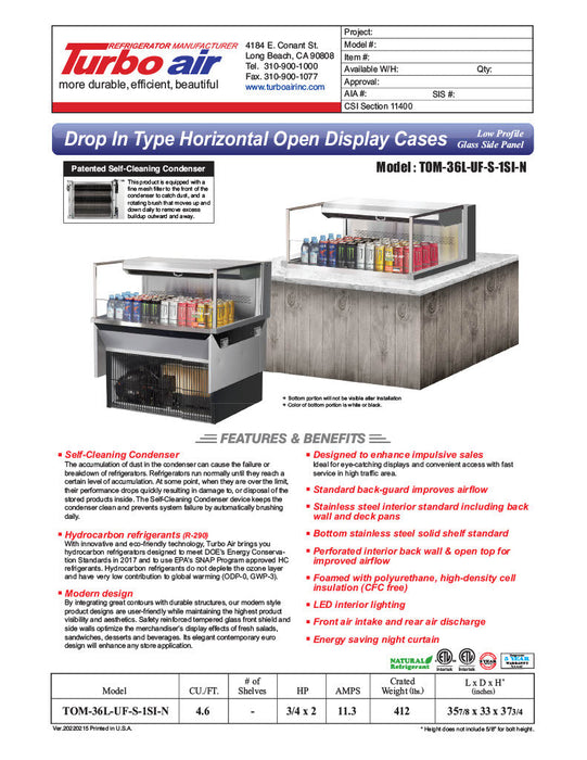 Turbo Air TOM-36L-UF-S-1SI-N 36 7/8" Stainless Steel Drop-In Refrigerated Open Display Case Merchandiser – (1) Level, 115v - Bakery Wholesalers