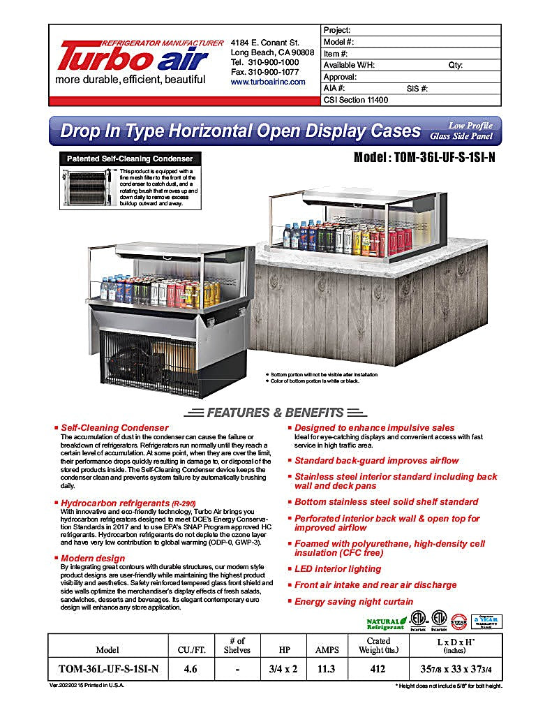 Turbo Air TOM-36L-UF-S-1SI-N 36 7/8" Stainless Steel Drop-In Refrigerated Open Display Case Merchandiser – (1) Level, 115v - Donut-Equipment.com