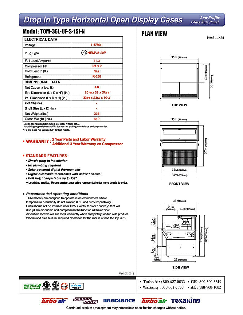 Turbo Air TOM-36L-UF-S-1SI-N 36 7/8" Stainless Steel Drop-In Refrigerated Open Display Case Merchandiser – (1) Level, 115v - Donut-Equipment.com