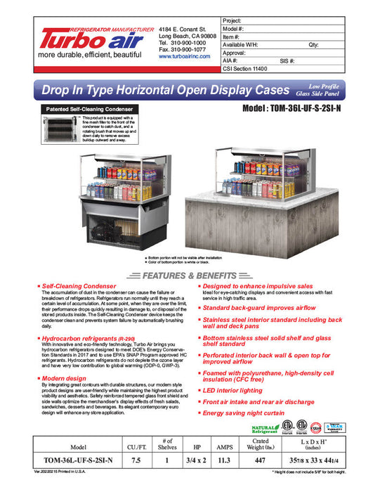 Turbo Air TOM-36L-UF-S-2SI-N 36" Stainless Steel Drop-In Refrigerated Open Display Case Merchandiser – (2) Levels, 1 Shelf, 115v - Bakery Wholesalers