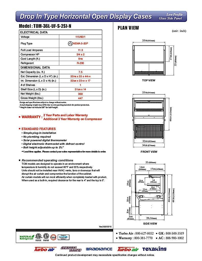 Turbo Air TOM-36L-UF-S-2SI-N 36" Stainless Steel Drop-In Refrigerated Open Display Case Merchandiser – (2) Levels, 1 Shelf, 115v - Donut-Equipment.com
