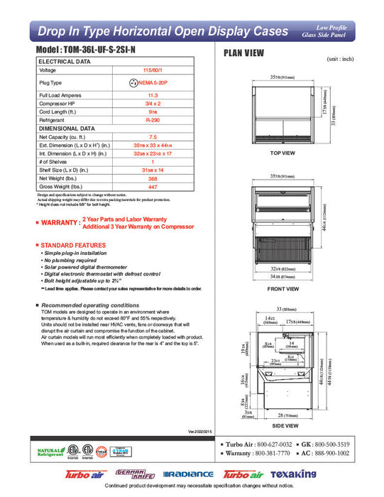 Turbo Air TOM-36L-UF-S-2SI-N 36" Stainless Steel Drop-In Refrigerated Open Display Case Merchandiser – (2) Levels, 1 Shelf, 115v - Bakery Wholesalers