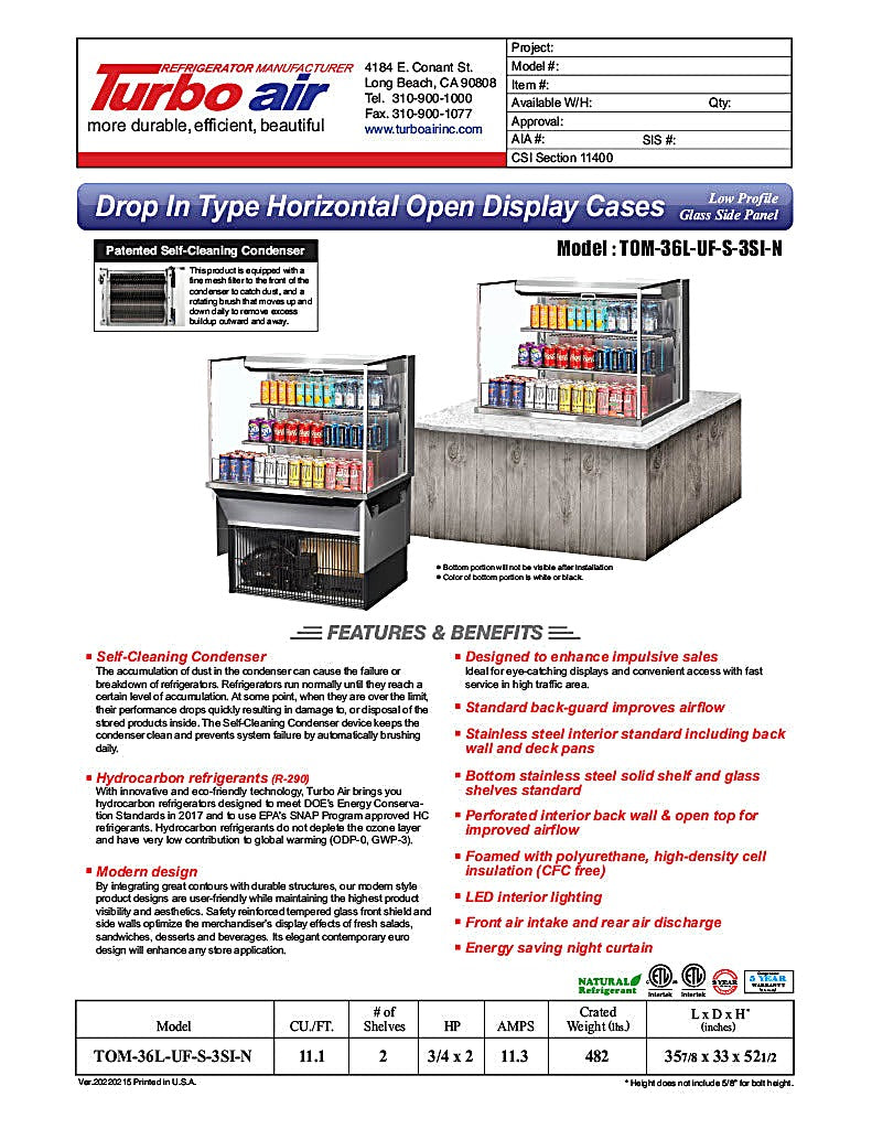Turbo Air TOM-36L-UF-S-3SI-N 36" Stainless Steel Drop-In Refrigerated Open Display Case Merchandiser – (3) Levels, 2 Shelves, 115v - Donut-Equipment.com