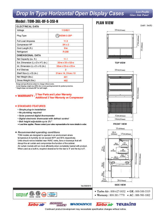 Turbo Air TOM-36L-UF-S-3SI-N 36" Stainless Steel Drop-In Refrigerated Open Display Case Merchandiser – (3) Levels, 2 Shelves, 115v - Bakery Wholesalers