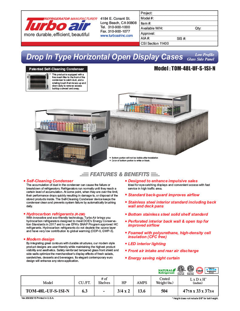 Turbo Air TOM-48L-UF-S-1SI-N 48" Stainless Steel Drop-In Refrigerated Open Display Case Merchandiser – (1) Level, 115v - Donut-Equipment.com