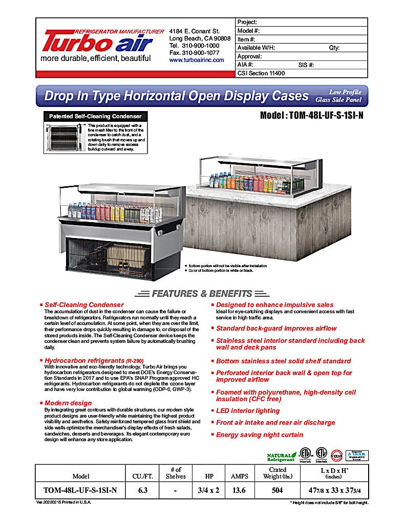 Turbo Air TOM-48L-UF-S-1SI-N 48" Stainless Steel Drop-In Refrigerated Open Display Case Merchandiser – (1) Level, 115v - Donut-Equipment.com