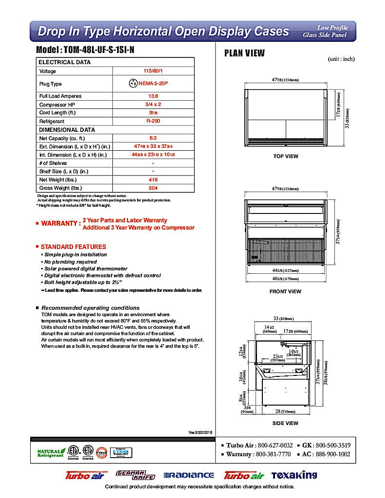 Turbo Air TOM-48L-UF-S-1SI-N 48" Stainless Steel Drop-In Refrigerated Open Display Case Merchandiser – (1) Level, 115v - Donut-Equipment.com