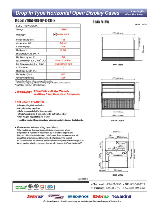 Turbo Air TOM-48L-UF-S-1SI-N 48" Stainless Steel Drop-In Refrigerated Open Display Case Merchandiser – (1) Level, 115v - Bakery Wholesalers