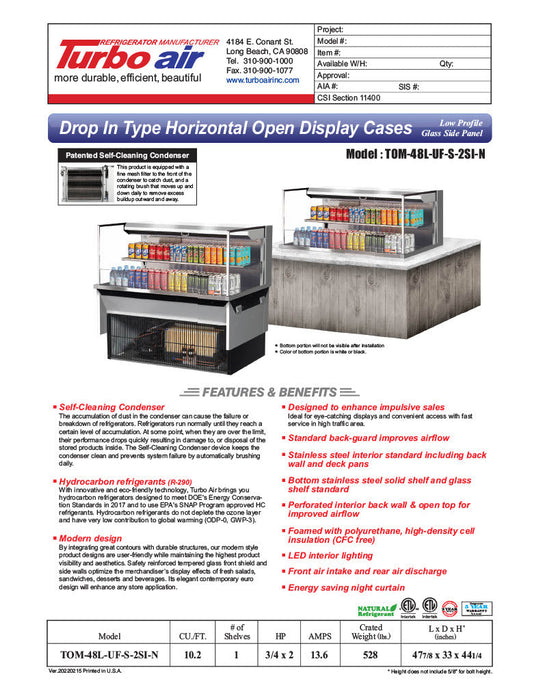 Turbo Air TOM-48L-UF-S-2SI-N 48" Stainless Steel Drop-In Refrigerated Open Display Case Merchandiser w/ (2) Levels, 115v - Bakery Wholesalers