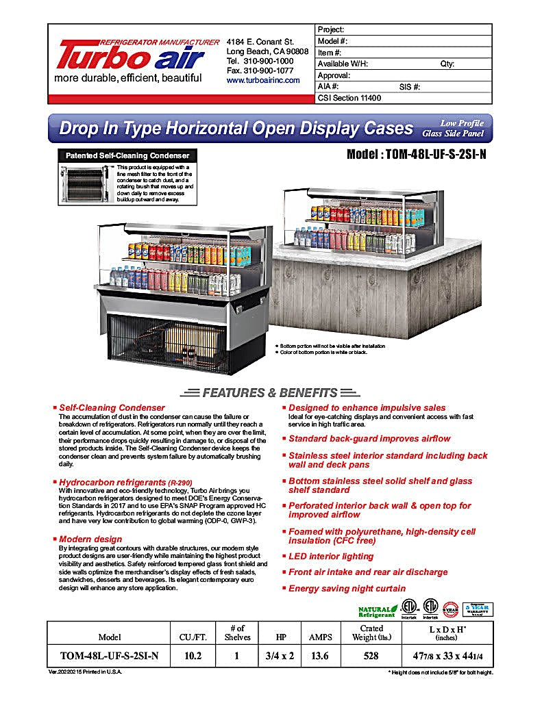 Turbo Air TOM-48L-UF-S-2SI-N 48" Stainless Steel Drop-In Refrigerated Open Display Case Merchandiser w/ (2) Levels, 115v - Donut-Equipment.com