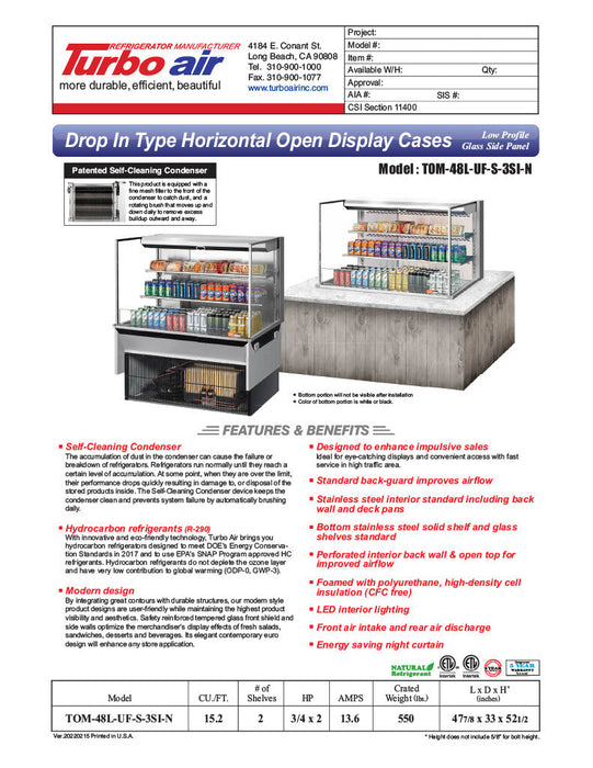 Turbo Air TOM-48L-UF-S-3SI-N 48" Stainless Steel Drop-In Refrigerated Open Display Case Merchandiser w/ (3) Levels, 115v - Bakery Wholesalers