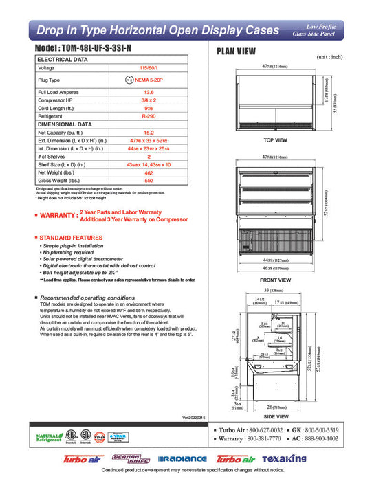 Turbo Air TOM-48L-UF-S-3SI-N 48" Stainless Steel Drop-In Refrigerated Open Display Case Merchandiser w/ (3) Levels, 115v - Bakery Wholesalers
