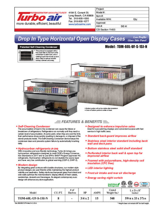 Turbo Air TOM-60L-UF-S-1SI-N 60" Stainless Steel Drop-In Refrigerated Open Display Case Merchandiser with (1) Level, 115v - Bakery Wholesalers