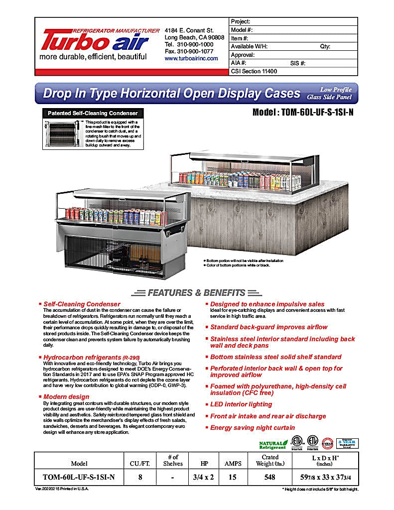 Turbo Air TOM-60L-UF-S-1SI-N 60" Stainless Steel Drop-In Refrigerated Open Display Case Merchandiser with (1) Level, 115v - Donut-Equipment.com
