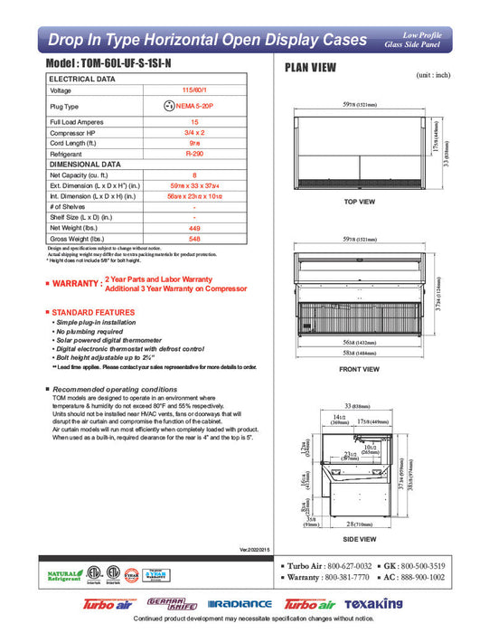 Turbo Air TOM-60L-UF-S-1SI-N 60" Stainless Steel Drop-In Refrigerated Open Display Case Merchandiser with (1) Level, 115v - Bakery Wholesalers