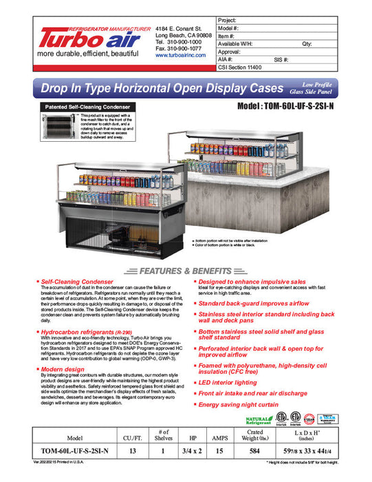 Turbo Air TOM-60L-UF-S-2SI-N 60" Stainless Steel Drop-In Refrigerated Open Display Case Merchandiser w/ (2) Levels, 115v - Bakery Wholesalers