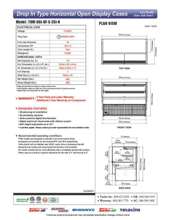Turbo Air TOM-60L-UF-S-2SI-N 60" Stainless Steel Drop-In Refrigerated Open Display Case Merchandiser w/ (2) Levels, 115v - Bakery Wholesalers