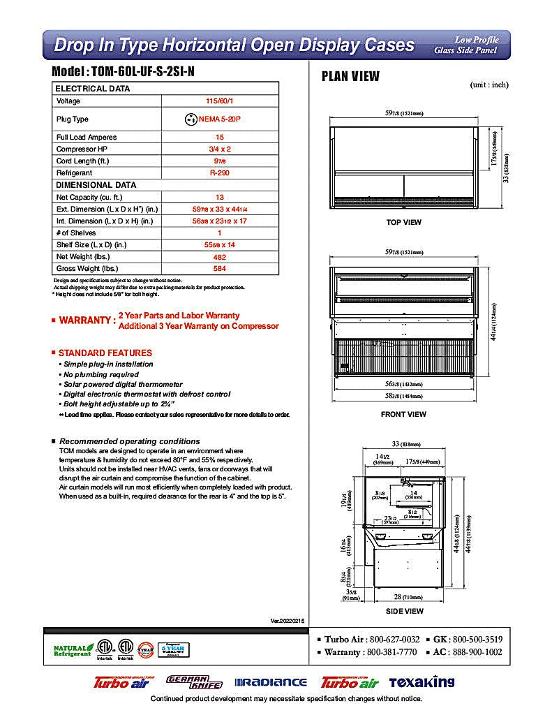 Turbo Air TOM-60L-UF-S-2SI-N 60" Stainless Steel Drop-In Refrigerated Open Display Case Merchandiser w/ (2) Levels, 115v - Donut-Equipment.com