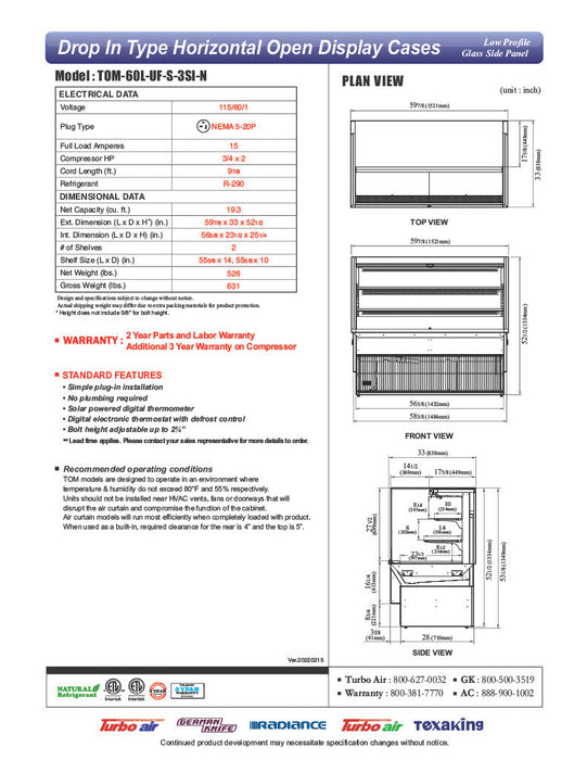 Turbo Air TOM-60L-UF-S-3SI-N 60" Stainless Steel Drop-In Refrigerated Open Display Case Merchandiser w/ (3) Levels, 115v - Bakery Wholesalers