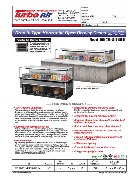 Turbo Air TOM-72L-UF-S-1SI-N 72" Stainless Steel Drop-In Refrigerated Open Display Case Merchandiser w/ (1) Level, 220v/1ph - Bakery Wholesalers