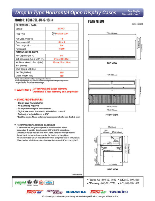 Turbo Air TOM-72L-UF-S-1SI-N 72" Stainless Steel Drop-In Refrigerated Open Display Case Merchandiser w/ (1) Level, 220v/1ph - Bakery Wholesalers