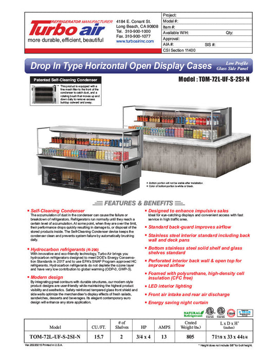 Turbo Air TOM-72L-UF-S-2SI-N 72" Stainless Steel Drop-In Refrigerated Open Display Case Merchandiser w/ (2) Levels, 220v/1ph - Bakery Wholesalers