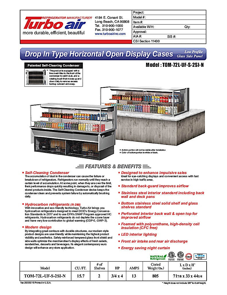 Turbo Air TOM-72L-UF-S-2SI-N 72" Stainless Steel Drop-In Refrigerated Open Display Case Merchandiser w/ (2) Levels, 220v/1ph - Donut-Equipment.com