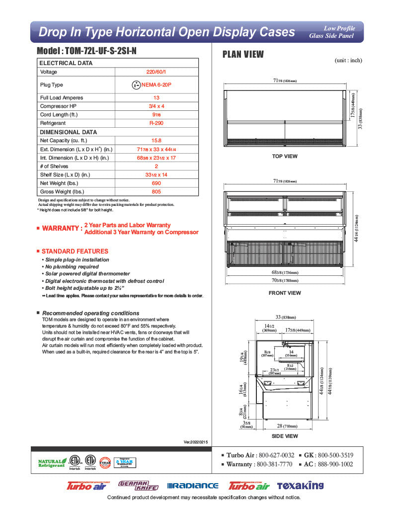 Turbo Air TOM-72L-UF-S-2SI-N 72" Stainless Steel Drop-In Refrigerated Open Display Case Merchandiser w/ (2) Levels, 220v/1ph - Donut-Equipment.com