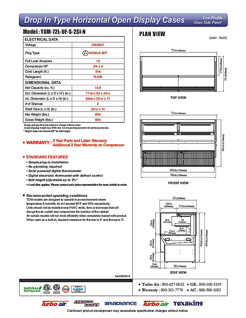 Turbo Air TOM-72L-UF-S-2SI-N 72" Stainless Steel Drop-In Refrigerated Open Display Case Merchandiser w/ (2) Levels, 220v/1ph - Donut-Equipment.com