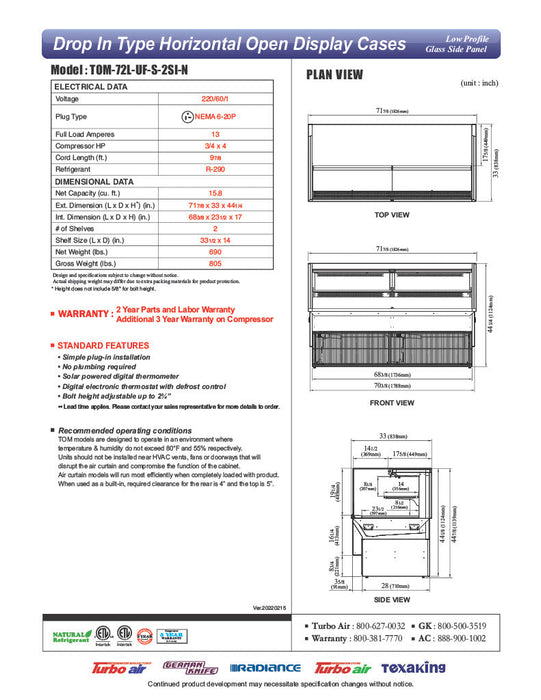 Turbo Air TOM-72L-UF-S-2SI-N 72" Stainless Steel Drop-In Refrigerated Open Display Case Merchandiser w/ (2) Levels, 220v/1ph - Bakery Wholesalers