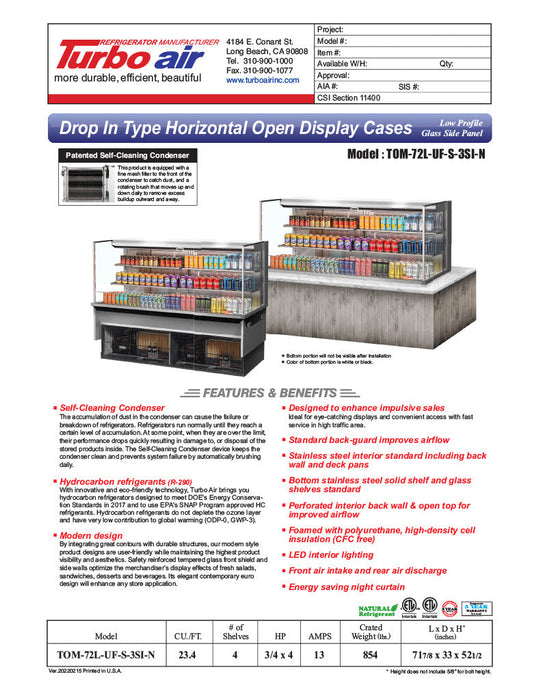 Turbo Air TOM-72L-UF-S-3S-N 71" Stainless Steel Horizontal Refrigerated Open Curtain Merchandiser w/ (4) Levels, 220v/1ph - Bakery Wholesalers