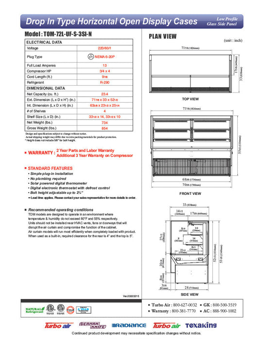 Turbo Air TOM-72L-UF-S-3S-N 71" Stainless Steel Horizontal Refrigerated Open Curtain Merchandiser w/ (4) Levels, 220v/1ph - Bakery Wholesalers