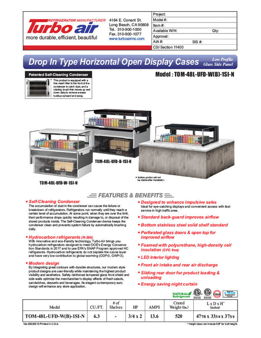 Turbo Air TOM-48L-UFD-W-1SI-N 48" Drop-In Horizontal Open Air Cooler w/ (1) Level – White Exterior, 115v - Bakery Wholesalers