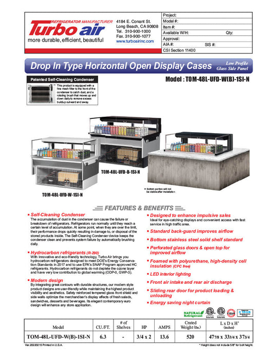 Turbo Air TOM-48L-UFD-W-1SI-N 48" Drop-In Horizontal Open Air Cooler w/ (1) Level – White Exterior, 115v - Bakery Wholesalers