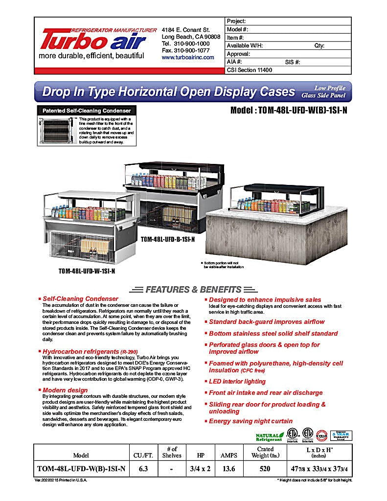 Turbo Air TOM-48L-UFD-W-1SI-N 48" Drop-In Horizontal Open Air Cooler w/ (1) Level – White Exterior, 115v - Donut-Equipment.com