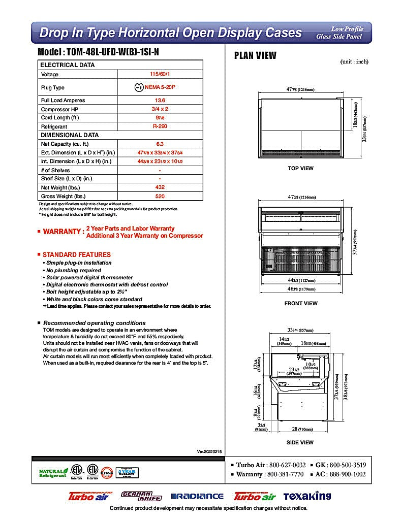 Turbo Air TOM-48L-UFD-W-1SI-N 48" Drop-In Horizontal Open Air Cooler w/ (1) Level – White Exterior, 115v - Donut-Equipment.com