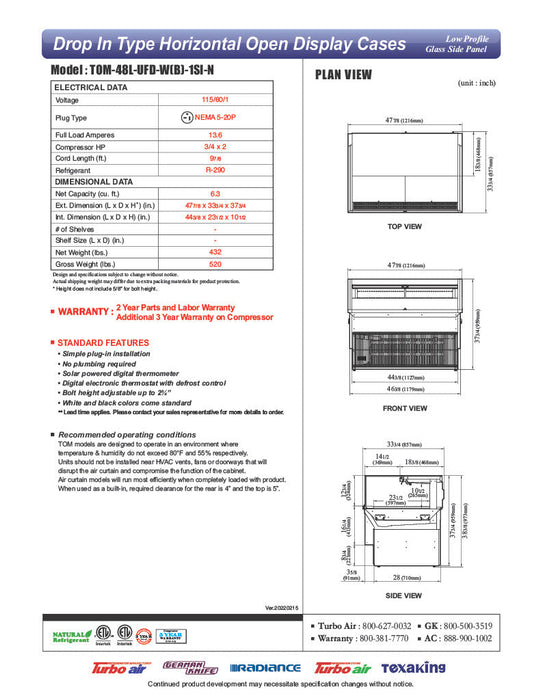 Turbo Air TOM-48L-UFD-W-1SI-N 48" Drop-In Horizontal Open Air Cooler w/ (1) Level – White Exterior, 115v - Bakery Wholesalers