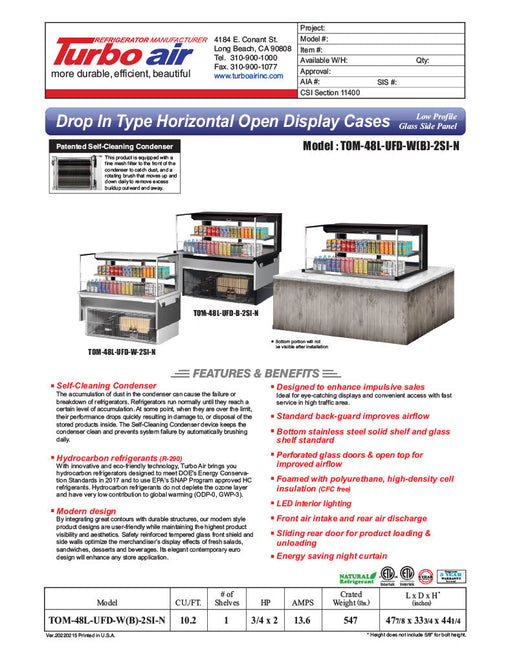 Turbo Air TOM-48L-UFD-W-2SI-N 48" Drop-In Horizontal Open Air Cooler w/ (2) Levels – White Exterior, 115v - Bakery Wholesalers