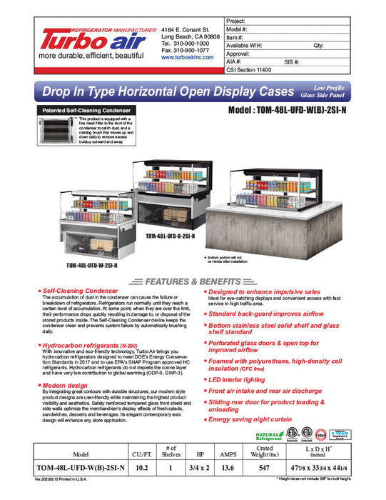Turbo Air TOM-48L-UFD-W-2SI-N 48" Drop-In Horizontal Open Air Cooler w/ (2) Levels – White Exterior, 115v - Bakery Wholesalers