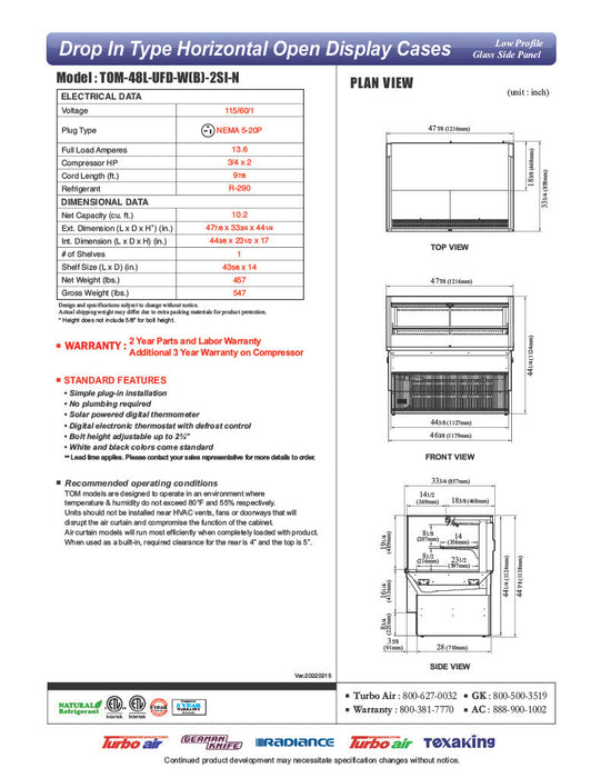 Turbo Air TOM-48L-UFD-B-2SI-N 48" Drop-In Horizontal Open Air Cooler w/ (2) Levels – Black Exterior, 115v - Bakery Wholesalers