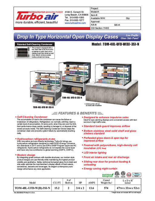 Turbo Air TOM-48L-UFD-W-3SI-N 48" Drop-In Horizontal Open Air Cooler w/ (3) Levels – White Exterior, 115v - Bakery Wholesalers
