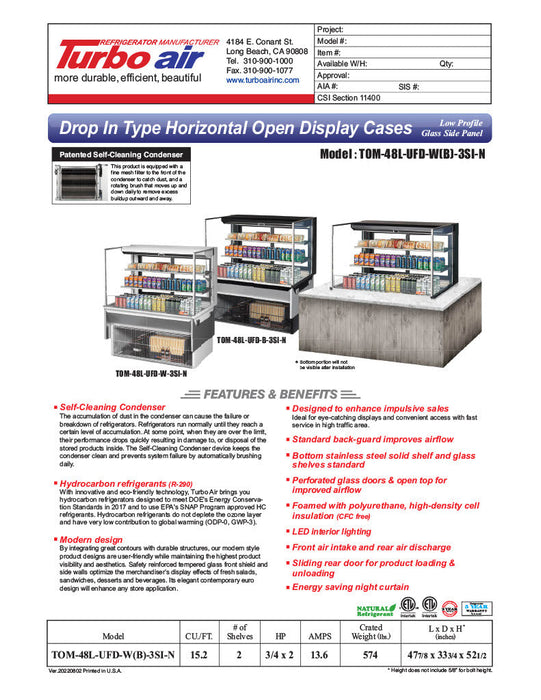 Turbo Air TOM-48L-UFD-B-3SI-N 48" Drop-In Horizontal Open Air Cooler w/ (3) Levels – Black Exterior, 115v - Bakery Wholesalers