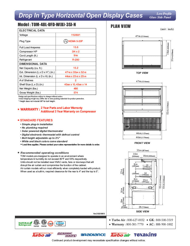 Turbo Air TOM-48L-UFD-W-3SI-N 48" Drop-In Horizontal Open Air Cooler w/ (3) Levels – White Exterior, 115v - Donut-Equipment.com
