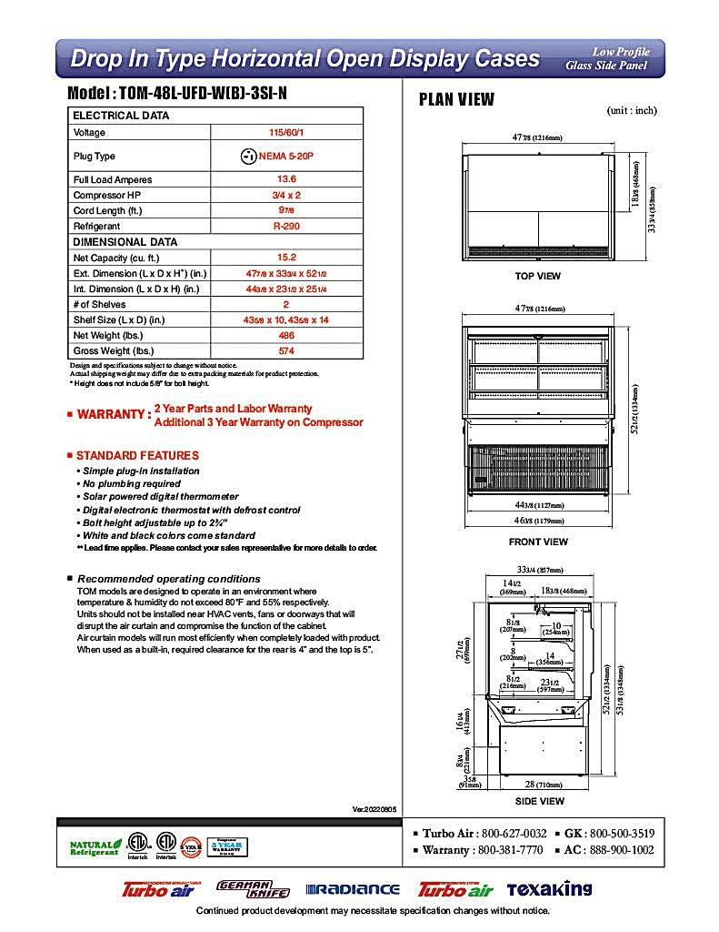 Turbo Air TOM-48L-UFD-W-3SI-N 48" Drop-In Horizontal Open Air Cooler w/ (3) Levels – White Exterior, 115v - Donut-Equipment.com