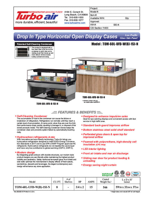 Turbo Air TOM-60L-UFD-B-1SI-N 60" Drop-In Horizontal Open Air Cooler w/ (1) Level – Black Exterior, 115v - Bakery Wholesalers