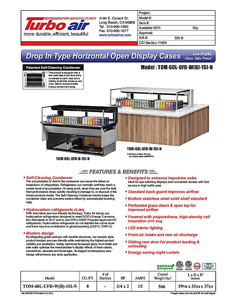 Turbo Air TOM-60L-UFD-W-1SI-N 60" Drop-In Horizontal Open Air Cooler w/ (1) Level – White Exterior, 115v - Donut-Equipment.com