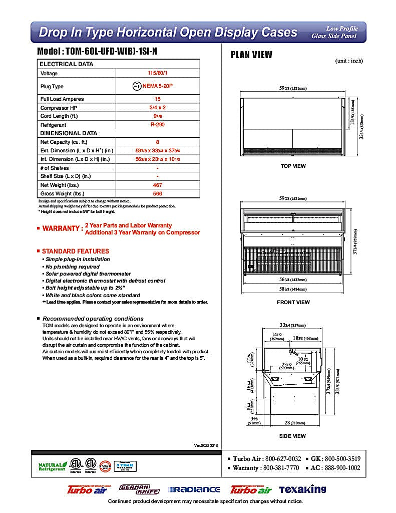 Turbo Air TOM-60L-UFD-W-1SI-N 60" Drop-In Horizontal Open Air Cooler w/ (1) Level – White Exterior, 115v - Donut-Equipment.com