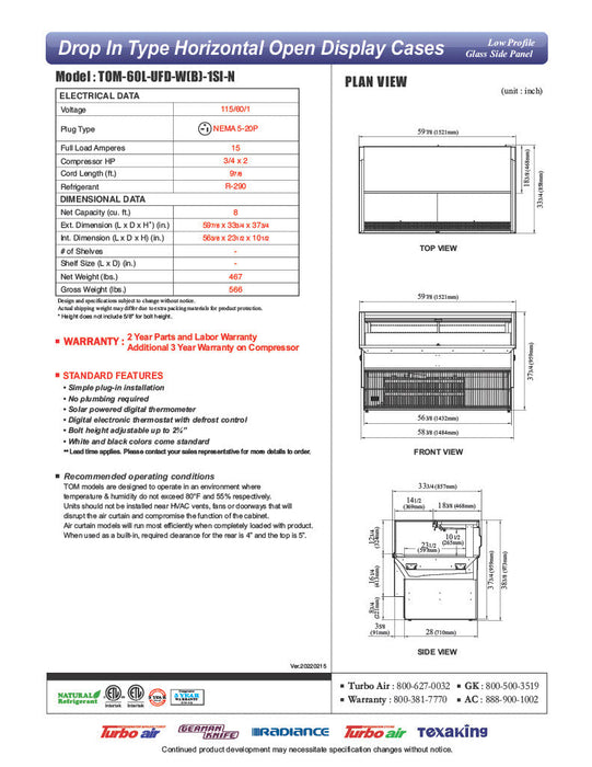 Turbo Air TOM-60L-UFD-B-1SI-N 60" Drop-In Horizontal Open Air Cooler w/ (1) Level – Black Exterior, 115v - Bakery Wholesalers